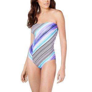 Calvin Klein Bandeau Tummy-Control One-Piece Swimsuit Lilac Stripe Purple